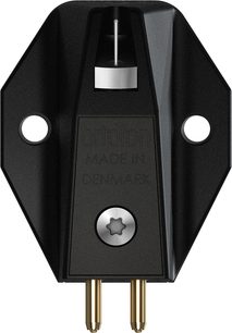 Cellule pour platine vinyle Ortofon MC X40 noire en plastique avec boîtier anguleux, stylus argenté centré, deux perçages de fixation latéraux, vis centrale métallique et deux broches de connexion dorées en bas, vue de face