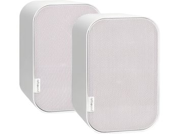 Coppia di diffusori hi-fi compatti ArtSound UNI40 bianchi, con frontale arrotondato a griglia vista di tre quarti