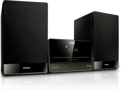 Philips MCM-302 sort hi-fi-minianlæg med CD-afspiller, LCD-skærm, højttalere og fjernbetjening, set forfra