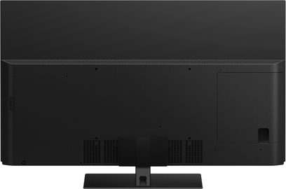 Televizor Panasonic TX-55GZ950E černý, pohled zepředu, vypnutá obrazovka, dva integrované reproduktory pod obrazovkou, středový stojan