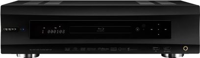 OPPO BDP-105EU Aria 4K Blu-ray-afspiller, sort, aluminiumsfront, blåt display, mange knapper og stik