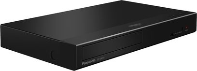 Panasonic DP-UB450EGK sort 4K Blu-ray-afspiller, set forfra, rektangulært design, blank frontpanel med knapper og indikatorlys