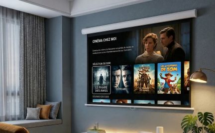 Écran de projection mural blanc déroulé dans un salon moderne avec interface de films affichée