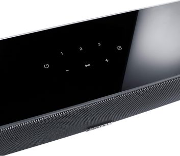 Sort højglans Canton Smart Soundbar 10 set ovenfra, med touch-overflade og fin metalgrill