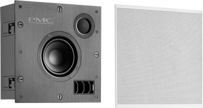 Enceinte encastrable PMC Ci30 gris métallisé, vue de face, avec haut-parleur circulaire noir et grille perforée rectangulaire