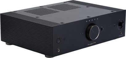 Stereo předzesilovač Onkyo ICON P-80 v černém kovovém provedení, pohled ze tří čtvrtin, velký ovladač, sluchátkový výstup, horní mřížky