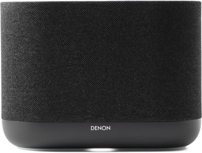 Denon Home 400 trådløs højttaler i kulfinish set forfra, med sort stof og mørkegrå afrundet bund