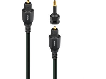 Audioquest Forest 0.75 m digital optical cable, black plastic sheath with green stripes, black Toslink and mini-Toslink connectors with gold-plated tips and "FOREST" inscription, close-up front view
