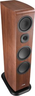 Canton Vento 101 floorstanding speaker walnut, dark wood finish with four black drivers, three-quarter view