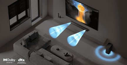 Modernt vardagsrum sett uppifrån med svart väggmonterad TV, mörkgrå soundbar i metall och plast under skärmen samt matchande kubformad subwoofer på ett ljust träbord, virtuella blå strålar illustrerar ljudspridningen