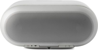 Lysgrå Denon Home 600 smart-højttaler, ovalt design med stor frontmetalgitter og porte nederst