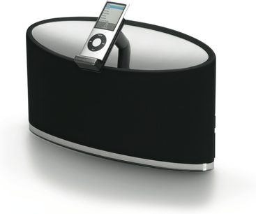 Bowers & Wilkins Zeppelin Mini sort højttaler, set forfra, med iPod-dockingstation på toppen