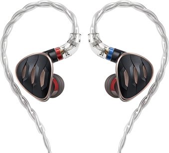FiiO FH5S In-Ear-Kopfhörer mit schwarzem Metallgehäuse und roségoldenem Rand, drei vergitterten Öffnungen, roten Silikonaufsätzen, silbernem, transparent ummanteltem geflochtenem Kabel sowie roten und blauen Markierungsringen, Frontansicht