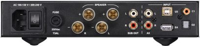 Hi-fi stereo zesilovač Nuprime IDA-8 černý, zadní strana, analogové a digitální audio konektory, vypínač, síťová zásuvka