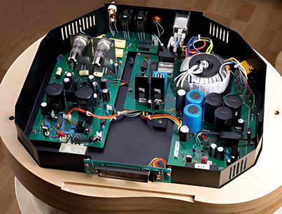Billedet viser indersiden af en åben cd-afspiller med grønne elektroniske kredsløb og komplekse metaldele