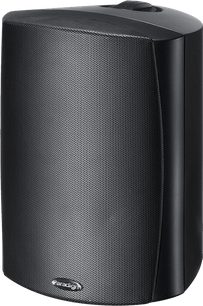 Altavoz de exterior Paradigm Stylus 370 negro, vista frontal, rejilla perforada rectangular redondeada, carcasa negra lisa