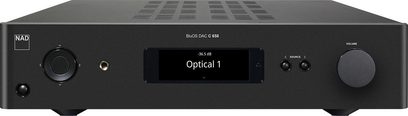 Стерео предусилвател NAD C658 черен, изглед отпред, цифров дисплей "Optical 1 -36.5 dB", бутони и жакове на предния панел