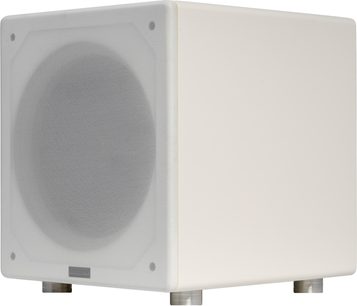 Velodyne VI-Q 10 witte subwoofer, driekwartaanzicht met front in textielrooster en metalen poten