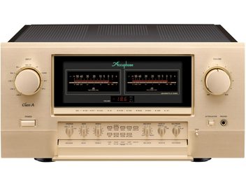 Ampli stereo Accuphase E-800S i børstet champagne-aluminium, frontvisning, med to VU-målere, store volum- og inngangsknapper