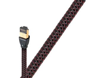 Cable de red Ethernet RJ45 Audioquest Cinnamon, 1,5 m, conector RJ45 dorado, funda trenzada roja y negra, vista lateral