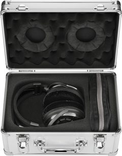 Audio Technica ATH-ADX7000 åbne hovedtelefoner i sort og sølv, metalgitter-skåle, i polstret metalkuffert, set ovenfra