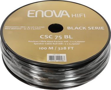 Rotolo di cavo per altoparlante Enova HIFI CSC 75 BL nero, vista dall'alto con bobina nera ed etichetta dorata
