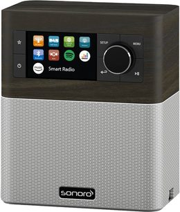 Sonoro Stream bordradio i eik - sølv, frontvisning, LCD-skjerm, berøringsfølsomme knapper, grå høyttalergrill