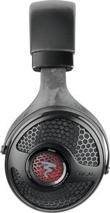 Open hi-fi hoofdtelefoon Focal Utopia 2022 zwart, zijaanzicht links, rode en zwarte hexagonale grill, zwart gevoerd hoofdband
