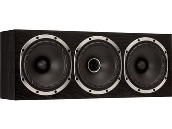 Cassa centrale Fyne Audio F500S LCR in frassino nero, mobile in legno, tre altoparlanti con bordi metallici, vista frontale