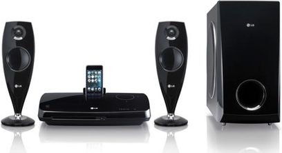 LG HT33S hjemmebiograf-system, 2 gulvhøjttalere, central dockingstation med dock, subwoofer, sort