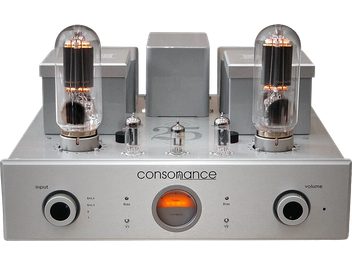 Consonance Linear 845 25e verjaardings hi-fi buizenversterkerbakje, vooraanzicht, twee buizen, knoppen en aansluitingen op de voorkant, grijze behuizing