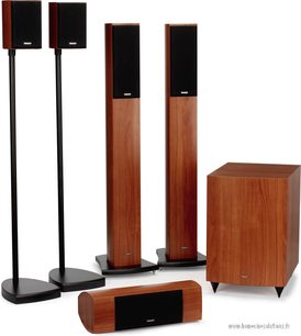 Tannoy HTS-200 wood column speaker pack, consisting of 4 black columns, 1 center speaker, and 1 subwoofer