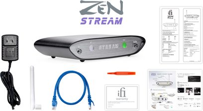 Zen Stream iFi Audio, sort netværksaudioafspiller, set oppefra med tilbehør, Ethernet- og RCA-kabler, manual og garanti