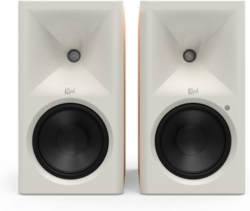 Paar Klipsch The Sevens II Lautsprecher Eiche, Vorderansicht, elfenbeinfarbene Front mit Horn und schwarzem Woofer