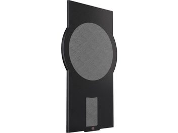 Perlisten Grille for R212s, rectangular black panel, rounded side cutouts, large central circular area in gray fabric, lower rectangular area in gray fabric, centered logo at the bottom, three-quarter view