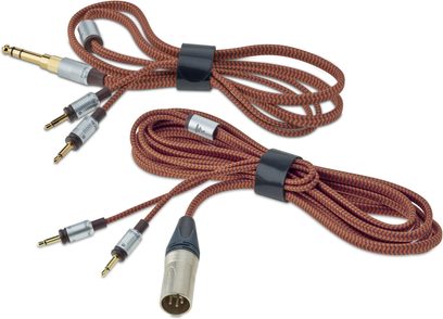 Lydkabler med 6,35 mm jackstik og XLR-hanstik, beklædt med brunt og sort flettet stof