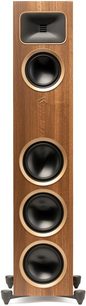 Sloupcový reproduktor MartinLogan Foundation F2 v ořechovém provedení, pohled zepředu, 4 kruhové reproduktory vertikálně zarovnané na dřevěné skříni