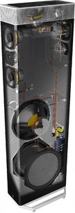 Sort Definitive Technology BP9080 gulvhøjttaler, set forfra med gennemsigtig visning af højttalere og interne komponenter