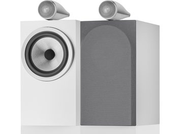 Diffusore da libreria Bowers & Wilkins 705 S3 bianco satinato, vista frontale e laterale, tweeter e altoparlante medio/woofer