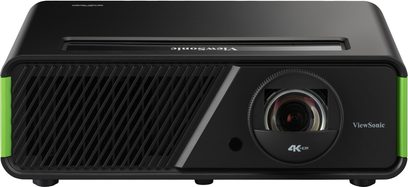 ViewSonic X2-4K sort kompakt videoprojektor, forside med højttaler og decentreret objektiv, mat finish