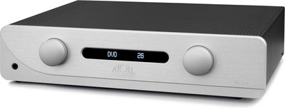 Wzmacniacz hi-fi zintegrowany stereo Atoll Electronique IN300 Evolution srebrny, widok z przodu, okrągłe przyciski, centralny ekran