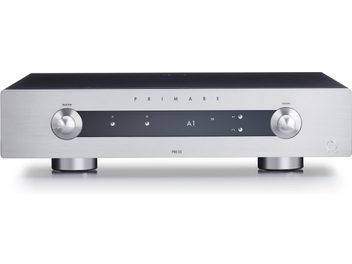 Primare PR35 silver stereo preamplifier, front panel with OLED display, buttons, and knobs