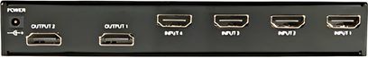 HDMI-omskiftermatrice 4x2 Lindy 38043 sort, frontvisning, 6 HDMI-porte, 2 udgange, 4 indgange, 2 LED'er pr. port