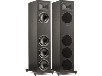 Enceintes colonnes MartinLogan Foundation F2 noir mat, vue de face, 4 haut-parleurs ronds et 3 rectangulaires sur chaque colonne
