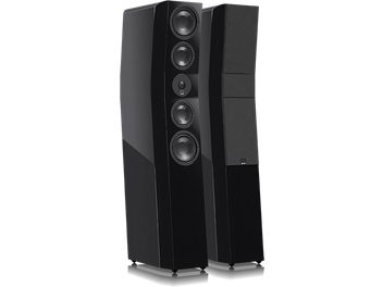Boxă tower SVS Ultra Evolution neagră lustruită, vedere frontală, 5 difuzoare aliniate vertical pe fața din față