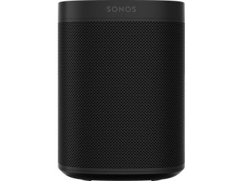 Trådløs, tilsluttet Sonos One SL højttaler i sort, set forfra, sort gitter, Sonos-logo, cylindrisk form