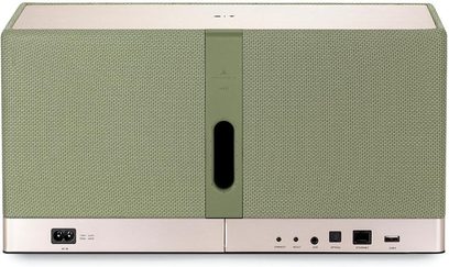 Тонколона Triangle AIO 3 в цвят салвия (sage), мрежест плат, заден изглед с централен бас-рефлекс и портове AUX, оптичен, Ethernet, USB