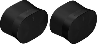 Zwei mattschwarze, kabellose Sonos Era 300 Lautsprecher mit zylindrischer, stromlinienförmiger Gestaltung, Seitenansicht auf grauem Hintergrund