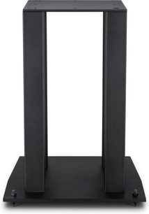 Pied d’enceinte Mofi Electronics SourcePoint 10 noir en métal, vue de face avec quatre montants et base à pointes