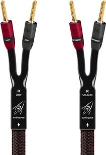 Audioquest Rocket 33 Lautsprecherkabel, schwarz geflochten, Doppel-Y mit vergoldeten Bananensteckern, mit AMP- und SPEAKER-Anschlüssen in Rot/Schwarz gekennzeichnet